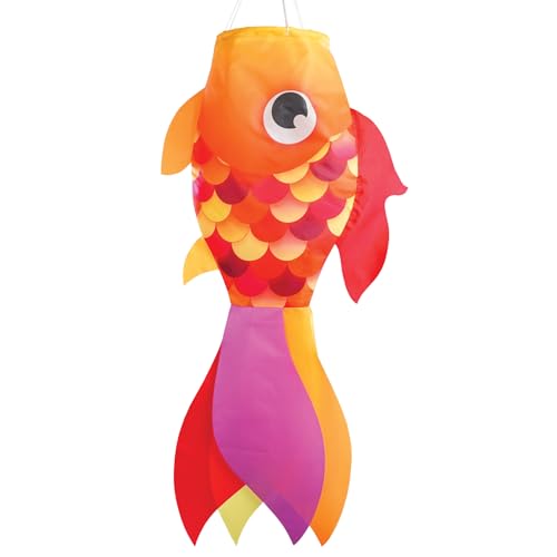 In the Breeze 5221 — 30-inch Hot Damsel Fish Windsock — Colorful Orange and Red Fishsock Hanging Garden Décor with Detailed Printed Graphics