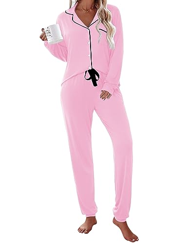 Ekouaer Pajamas Set Long Sleeve Sleepwear Womens Button Down Soft Pjs Pink