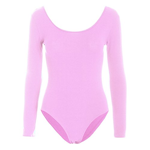 Be Jealous Womens Bodysuit Ladies Plain Long Sleeve Scoop Neck Party Leotard Top Baby Pink