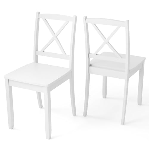 Giantex Wood Dining Chairs Set of 2, Armless Kitchen Chair w/Rubber Wood Legs & Curved Backrest, Farmhouse Cross Back Diner Chair, Wooden Side Chairs for Home Dining Room, Load 400 LBS, White