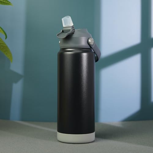 Image of BJPKPK Water Bottle with Straw Lid, 24oz Vacuum Insulated Water Bottles, Metal Stainless Steel Thermo for Sports, Travel, BPA Free Leak Proof Thermo, Cups, Flasks, Tumblers,Black