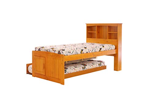 Discovery World Furniture Twin Bookcase Captains Bed with 3 Drawers and Twin Trundle, Honey