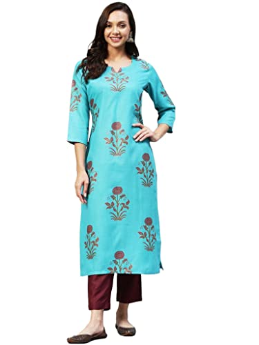 Image of ANNI DESIGNER Women's Cotton Blend Printed Straight Kurta with Pant (Team)