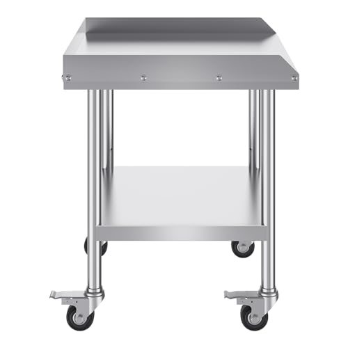 Happybuy Stainless Steel Work Table, 24 x 28 x 30 Inch Commercial Food Prep Table with 4 Casters, 3-Sided Backsplash, Heavy Duty Metal Worktable for Restaurant, Home, Hotel