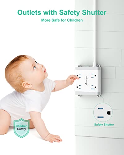 Alitayee Mountable Surge Protector Power Strip, Wall Mount Power Strip With 4 Outlets And 3 Usb, Flat Plug, Shutter Safety And Circuit Breaker Switch, 6 Ft Extension Cord For College Home Office Dorm #TOP4