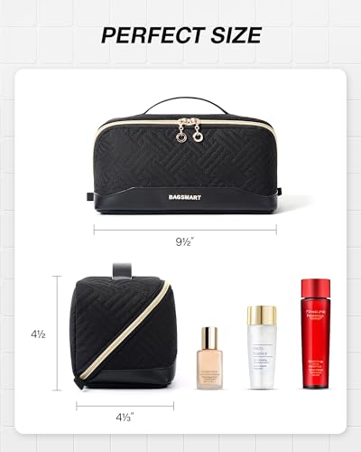 Image of BAGSMART Makeup Bag Cosmetic Bag, Travel Makeup Bag,Water-resistent Makeup Bags for Women Portable Pouch Open Flat Make Up Organizer Bag for Toiletries, Brushes Black