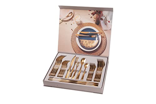 Otto Koning-Berlín-Juego de Cubiertos Acero Inoxidable 30 Piezas-Chapado en Titanio Dorado-Pulido Brillante, Espesor 4mm y Cuchillo Chuletero. Una Cubertería Moderna para 6 Personas