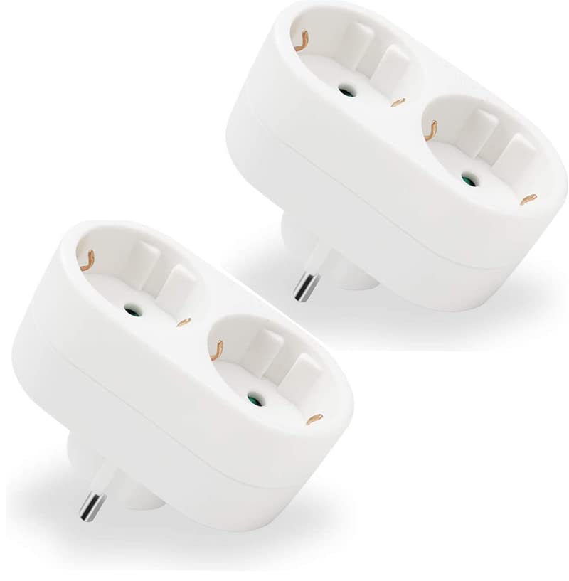 EXTRASTAR 2 en 1 Adaptador Plano Enchufe con 2 Tomas, 2 Enchufes Regleta, hasta Carge 3680W, 16A, 250V, Blanco, 2 Pcs
