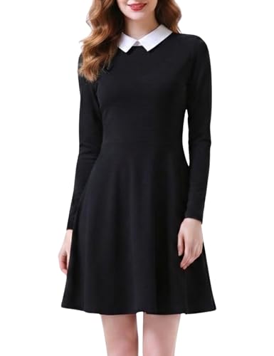 Aphratti Womens Casual Fall Long Sleeve Collared A-Line Fit Flare Skater Dress Halloween Costumes Adult 2025 Black Noir X-Large