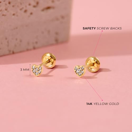14k Yellow Gold 3mm Clear Pave Cubic Zirconia Heart Screw Backs for Little Girls to Toddlers - Tiny Round CZ Heart Screw Back Earrings for Baby Girls - Small Heart Stud Earrings for Children4