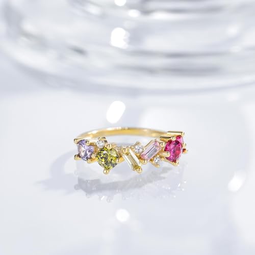 Rainbow Engagement Ring for Women Colorful Round Baguette Cut Cubic Zirconia CZ Stackable Wedding Band Promise Rings for Her Size 4-112