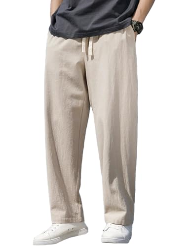 Mens Casual Linen Pants Loose Fit Elastic Drawstring Waist Straight-Legs Summer Yoga Beach Long Pants Ankle Pants