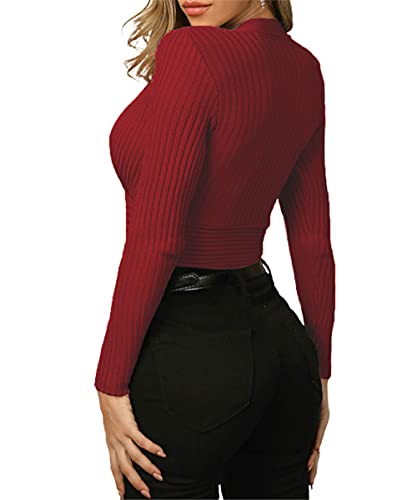 Image of Fangetey Womens Deep V Neck Sexy Wrap Sweater Long Sleeve Slim-Fitted Knitted Jumper Top