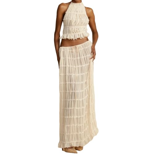 Two Piece Maxi Skirt Sets for Women Summer Backless Halter Beach Cami Top Long Skirt Going Out Set 2 Piece Outfits Spring2