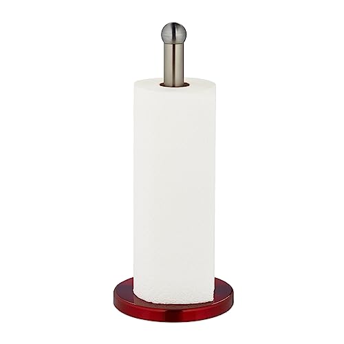Relaxdays Dérouleur Non Fixe essuie-Tout, Acier Inoxydable, Support pour la Cuisine, HxD : 35 x 15 cm, argenté - Rouge