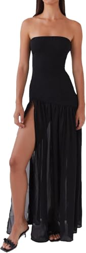 Image of Willow Dance Women Tube Top Dress Printed Mesh Patchwork Maxi Dress Strapless Sexy High Slit Long Dresses Party Clubwear