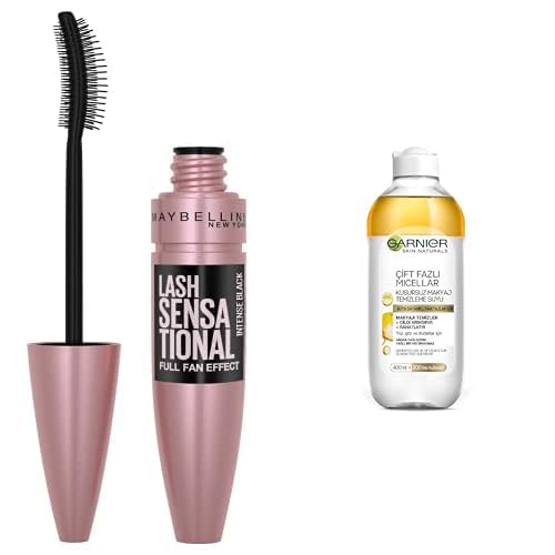Maybelline New York Lash Sensational Yelpaze Etkili Intense Black Maskara - Ekstra Siyah 1 Paket (1 x 9.5 ml) + Garnier Skin Naturals Çift Fazlı Micellar Kusursuz Makyaj Temizleme Suyu (400 ml)