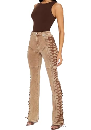 Women Straight Leg Jeans Casual Y2k High Waisted Lace UP Split Hem Jeans Slim Fit Trendy Denim Pants