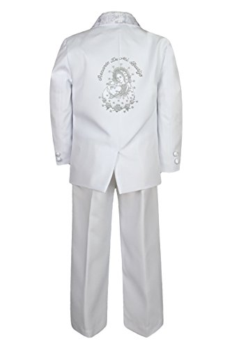 Baby Boy Kid Baptism White Paisley Tuxedo All Silver Virgin Mary Pope Back Sm-7