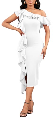 Image of Dresses for Women Elegant Long Sleeves Ruffles Pencil Knee Length Split Business Dress with Belt Zipper