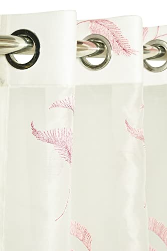 Image of (7 ft Sheer Tissue with Embroidery 3 Leaf Design | Eyelet Window Long Curtain | Tissue Fabric Window Single Curtain (Pink) | for Home | (Pack of 1) | 213 L x 121 W cm
