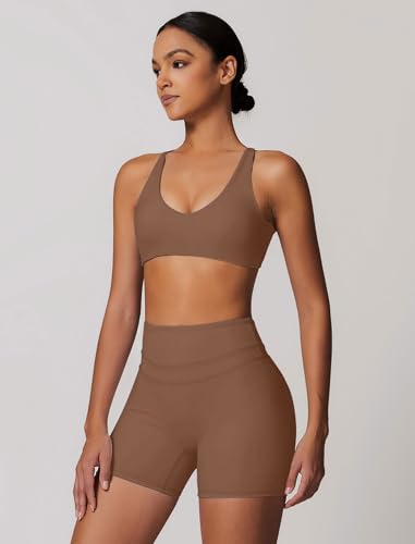 Image of ABOCIW Womens V Neck Twist Back Sports Bra Padded Low Impact Fitness Yoga Bra Workout Crop Top
