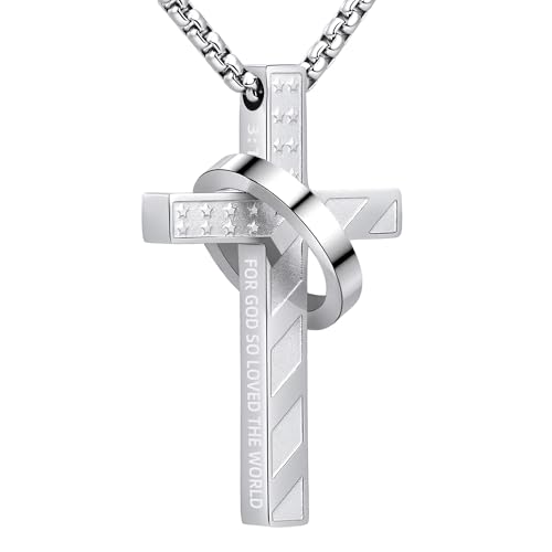 Laeclily Cross Necklace for Men Stainless Steel Ring Pendant Necklaces Silver American Flag Cross Chain Bible Verse Christian Christmas Jewelry Gifts 18+2 Inches 3:16