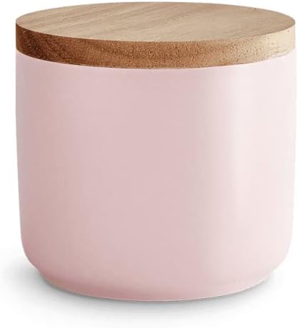Ceramic Storage Jar with Wooden Lid Sweet Scandi, Air-Tight Rubberwood Lid, Storage Container - 1x Pink 10,1 x 9,3 cm