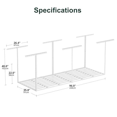 Image of SunsGrove 3x8 Garage Storage Overhead Rack Organization, Adjustable Ceiling Mounted Storage Racks, 800LBS Weight Capacity, 22 inch-40 inch Ceiling Dropdown, White