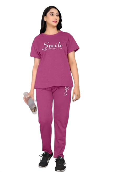 Heavy Lycra Night Wear Set for Women, Top and Pant with Smile Print, Maroon, Olive Green, Purple, Grey, M L XL XXL-image-9
