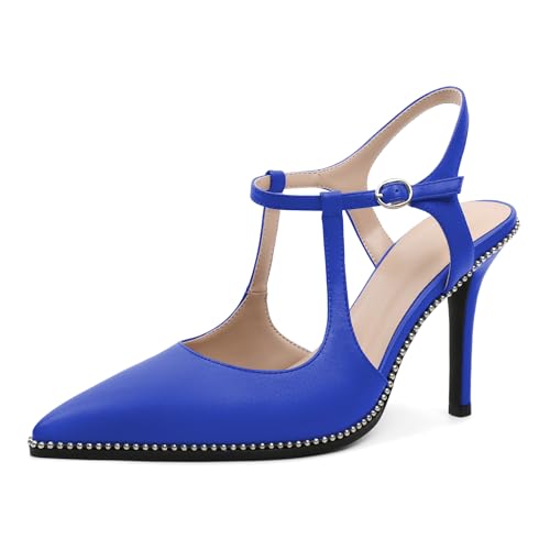 Image of SAMMITOP Womens High Heels Ankle Strap Pointed Toe Stilettos Patent Leather Beaded Pumps Dress Shoes 3.5 Inch