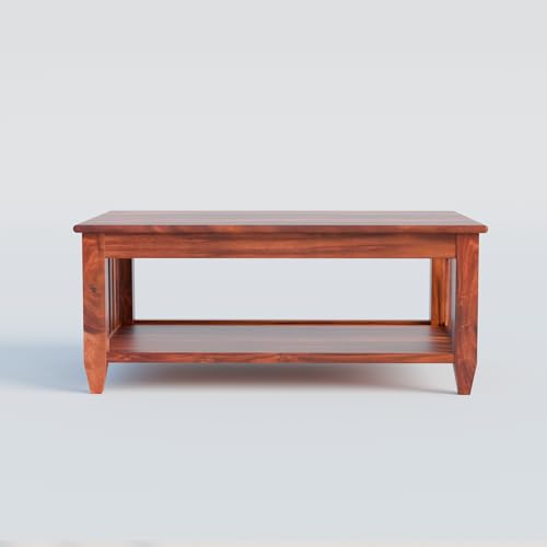 Image of Solid Sheesham Wood Rectangle Centre Table, Coffee Table For Living Room, Wooden Sofa Center Table With Shelf Storage for Home & Office | Rosewood, Honey Finish, Pre Assembled & Ready To Use