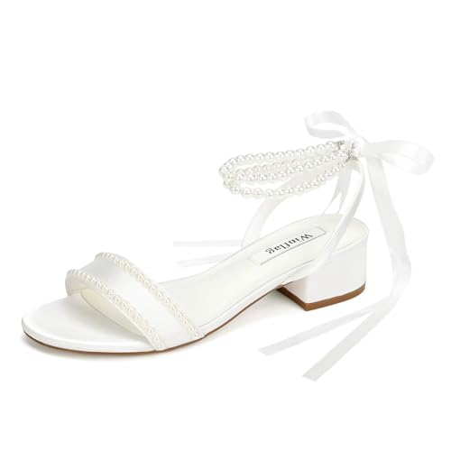 Comfortable Wedding Shoes for Bride Low Heel Bridal Shoes Pearl Sandals Low Block Heels