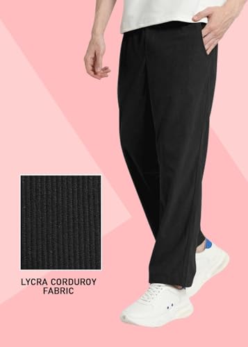 Image of Men's Self Design Corduroy Track Pants - Mid Rise, Flexi Waist, Ankle Length