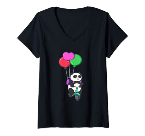Women's Radel Panda Bear Bicycle Balloon Pedal Balloon Bike Rider V-Neck T-Shirt, Black