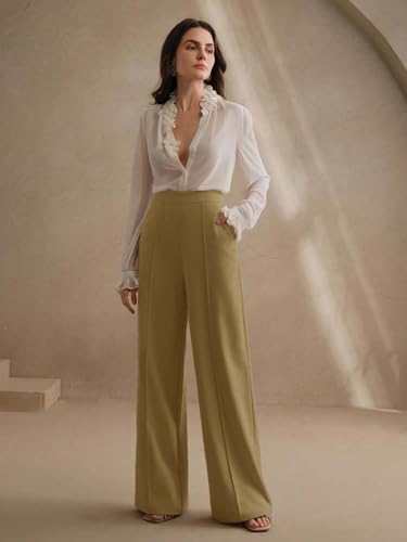 Image of KOTTY Women's High Waist Flared Wide Leg Trousers - Stylish Cotton Linen Palazzo Pants for Office Wear, Casual, and Straight fit