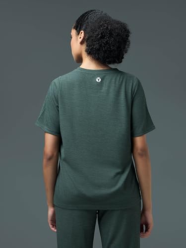 Image of TECHNOSPORT Women Relaxed Fit Cubic Melange Round Neck T-Shirt | Quick Dry Polyester Casual Tee with UPF 50+ UV Protection, Anti-Microbial & Double Cool Technology