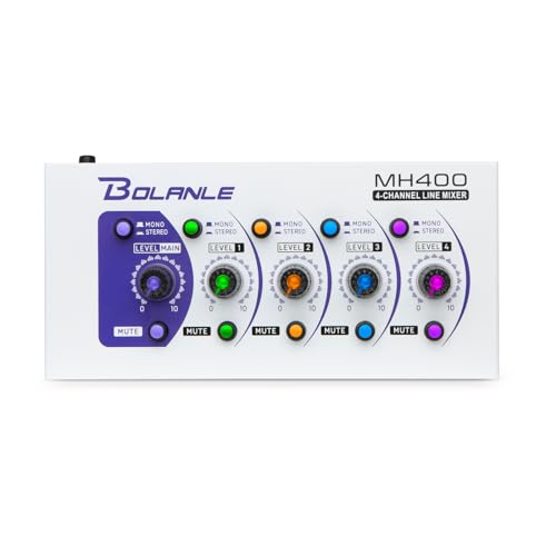 Bolanle MH400 4-Channel Active Line Mixer – Stereo Line Level Mixer with Mono/Stereo Switch, USB-C...