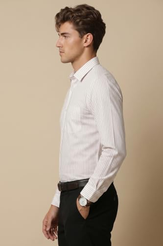 Image of Peter England Men's Striped Slim Fit Full Sleeve Formal Shirt | Cotton-Rich | Wonder Fabric | Pin-Point Oxford Weave