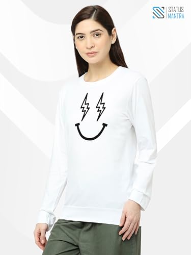 Image of STATUS MANTRA Women's Cotton Round Neck Regular Fit Sweatshirt | Full Sleeves and Smile Printed | Comfort Colour T-Shirt | Available in Multicolor & Size Small to 2XL