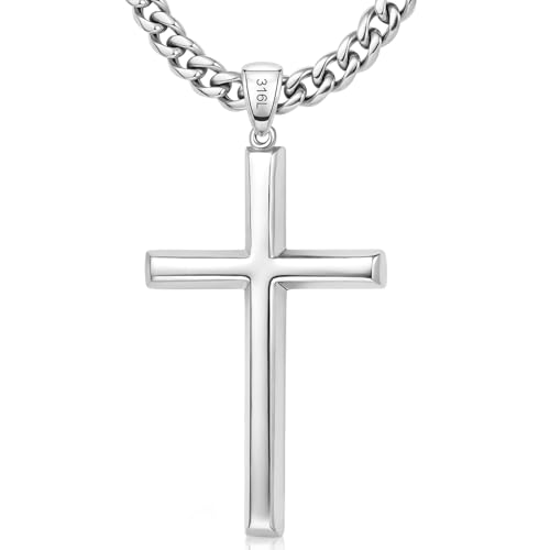 Ringcal Cross Necklace for Men with Gift Box,Silver Gold Stainless Steel Cross Pendant Necklace Mens Crucifix Chain Necklace (Silver, 20inch)