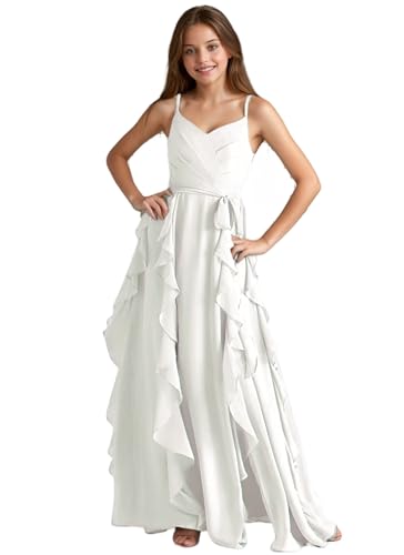 Junior Bridesmaid Dresses for Girls Chiffon Ruffles Formal Party Wedding Guest Spaghetti Straps Flower Girl Dress