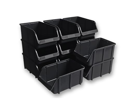 Hünersdorff Set di 12 scatole portaoggetti impilabili, dimensioni 4, polipropilene infrangibile (PP), riciclato, ideali per sistemi di organizzazione e di smistamento, scaffali per officina - nero