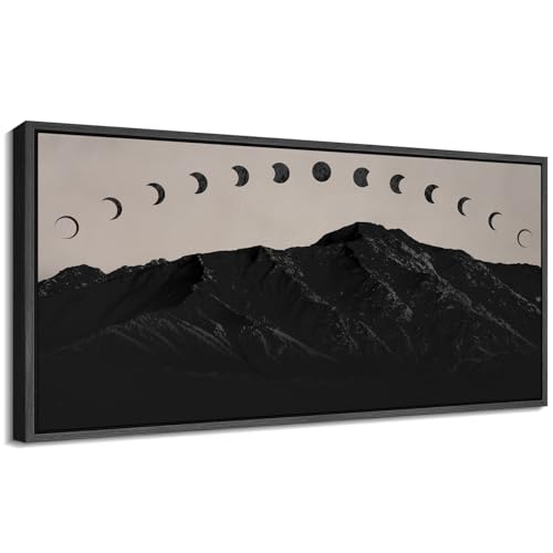 Image of MUDECOR Extra Large Framed Canvas Print Wall Art Black Mountain Silhouette with Moon Phases Minimalist Antique Retro Ready to Hang Painting for Living Room Bedroom Multi-Sizes - 60 inchx30 inch