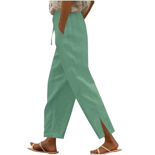 Cotton Cropped Pants for Women Summer Drawstring High Waist Straight Pant Loose Side Split Leg Trouse with Pocket(#03 Green,XX-Large