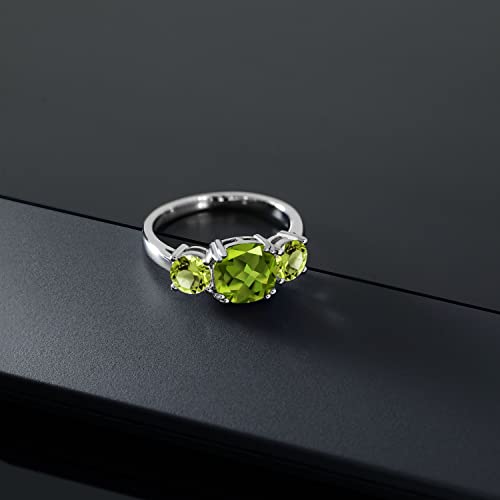 Gem Stone King 3.45 Cttw Green Peridot 3 Stone Engagement Ring For Women | 925 Sterling Silver | Gemstone August Birthstone | Cushion 8MM | Available in Size 5,6,7,8,94