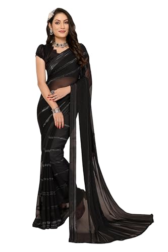 ETHNICMODE indien Sari For femme Soft Satin Light Weight Party Wear Black Saree With Unstitched Black Blouse Piece-1116