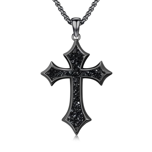 Cross Necklace for Women 925 Sterling Silver Natural Gemstone Black Faith Cross Pendant Christian Religious Jewelry Gift for Women Men