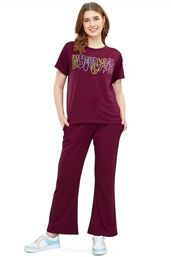 Image of ZEYO Women's Cotton Typography Wide Bottom Night Suit Set of Top & Pajama Set