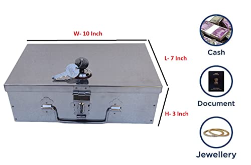 Image of Stainless Steel Cash /Jewellery /Coin Storage Rectangular Silver Boxes with Pre-Fitted Lock (10 inch X 7 inch X 3 inch)(With Pre fited One Lock & 2 Key) perfects-gift for storage